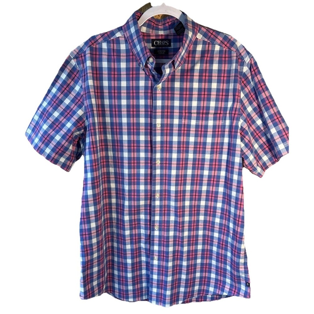 Chaps Stretch Blue And Pink Plaid Short Sleeve Men's Shirt Sz Large - Picture 2 of 11